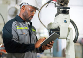 man in smart manufacturing facility on tablet device